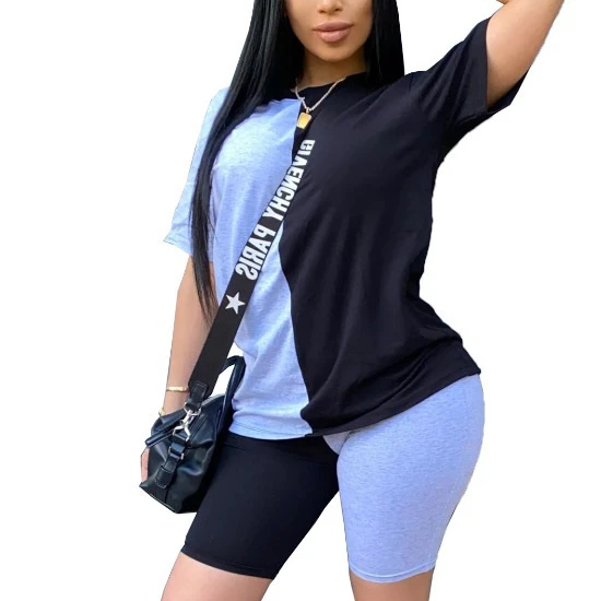 

Plus Size Short Sleeve Tops Tight Shorts Contrast Color 2 Piece Sets Casual Women Sport Set 2 piece set women custom logo