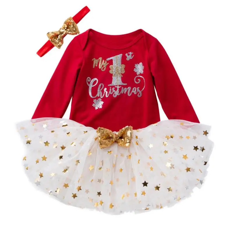 

HYF08 3 Pcs Baby Girls Romper Set Jumpsuit Tutu Skirt Headband Clothing Set Toddler Christmas baby clothes set