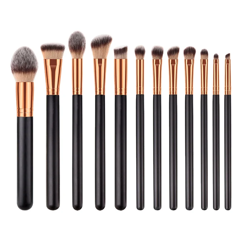 

Luxury Low Price 12Pcs Makeup Brush Set With Black Wooden Handle 5 Colors Private Label Beauty Makeup Brushes Set