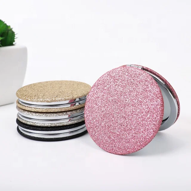 

Promotion Square Foldable PU Leather Shiny Pocket Mirror Glitter Magnifying Makeup Mirror, As pictures