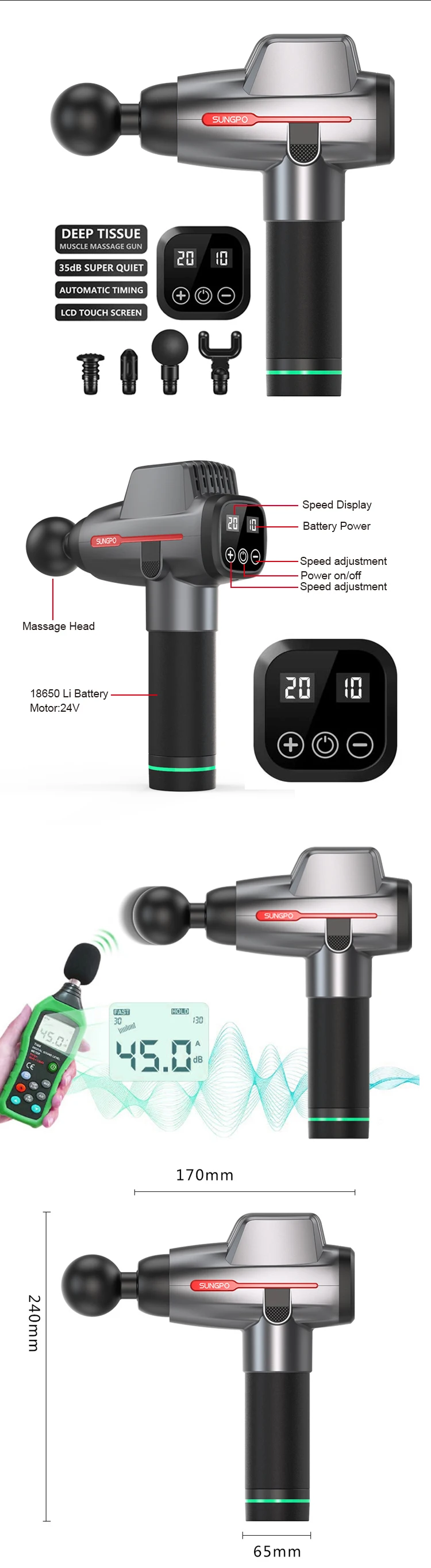 2020 24v 20 speed wireless heat small digital charging cordless deep tissue muscle massage gun