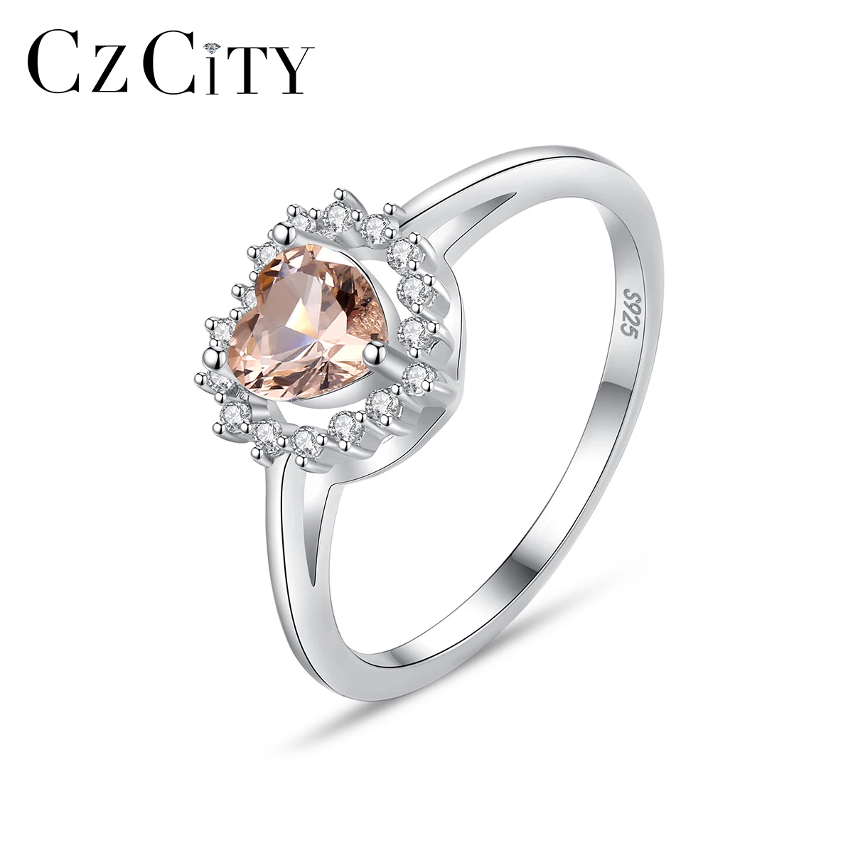 

CZCITY Crystal Heart Shape S925 Sterling Silver Ring Pink Charm Gemstone Women Jewelry Rings