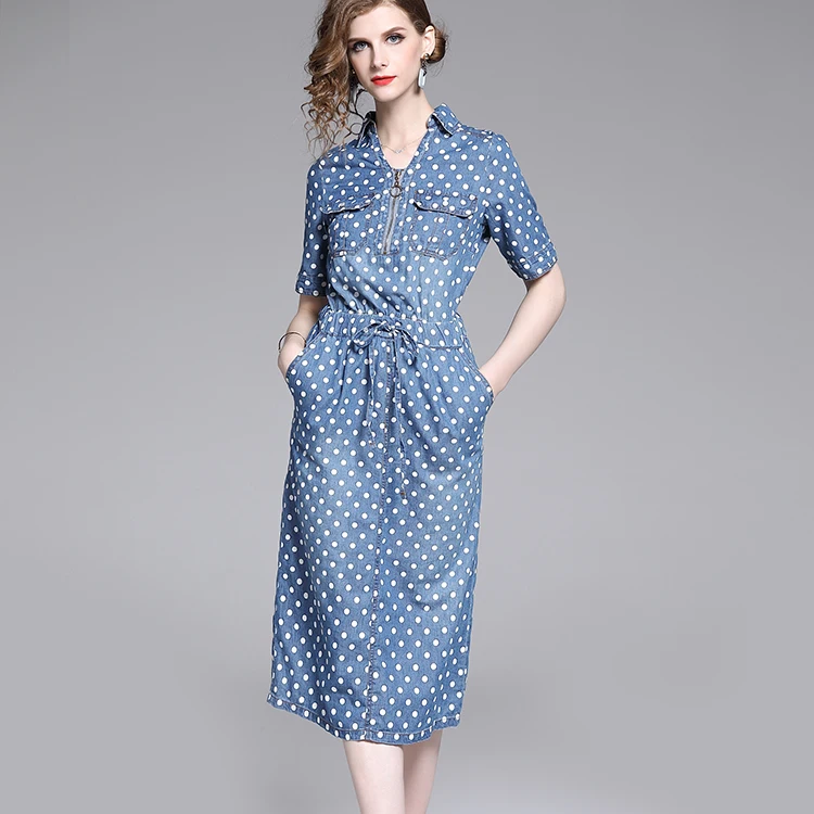 summer 2019 new fashion women's collect waist half sleeves turn-down collar denim dress