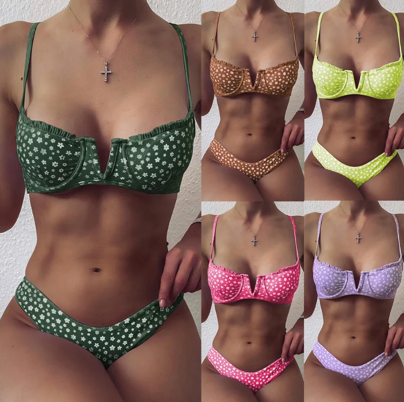 

Hot Selling Young Girl Beach Two Piece Set Swimsuit Sexy Floral Print V-shaped Bikini Split Sling Sexy Swimsuit, As picture