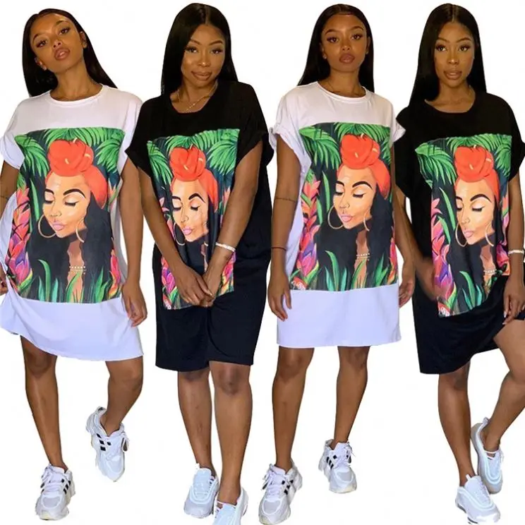 

A90148 Wholesale Women Clothing Cotton Printed Casual Short Sleeve T-shirt Skirt Mini Dress