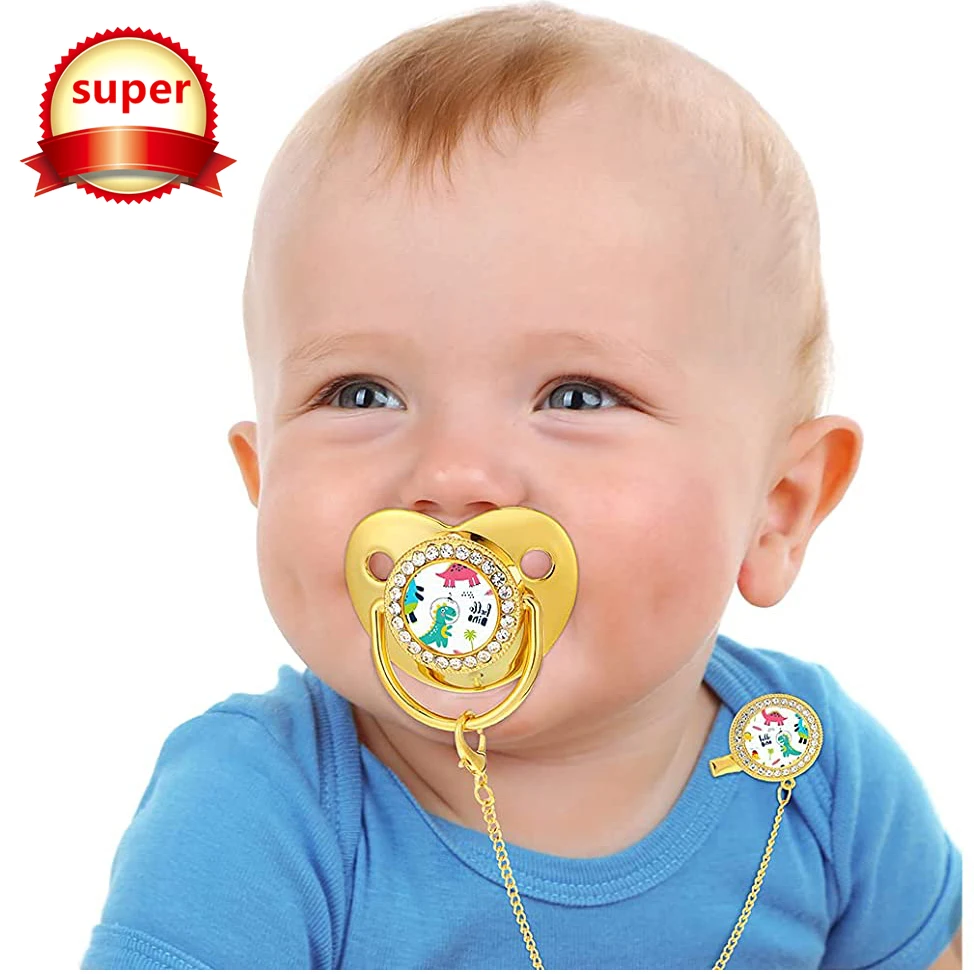 

Hot Sale Luxury Gold DIY Custom Sublimation Blanks Pacifier Custom Personalized Bling Kids Baby Pacifier Clip And Chain Disk, White, black, gold, silver, pink, blue, red, purple, green, gray