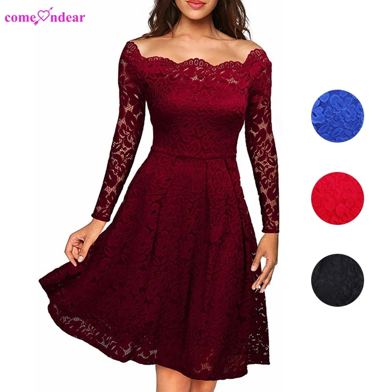 

On sale 4xl sun dresses fashion off shoulder long sleeves women lace elegant casual plus size dresses