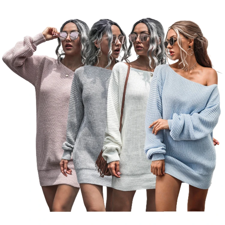 Fashion Casual Women Lady Jumper Oversized Sweaters Knitted dress sexy off The shoulder knit