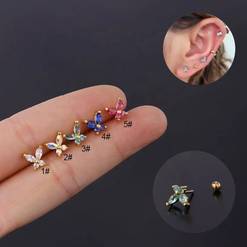 

20g Butterfly Shape Gold Color Blue Pink Aquamarine CZ Auricle Tragus Rook Helix Studs Ear Piercing Jewelry