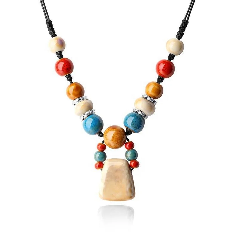 Canya Boho Fashion Natural Stone Necklace Ethnic Style Customized Handmade Ceramic Bead Pendant Sweater Chain Necklace For Girls