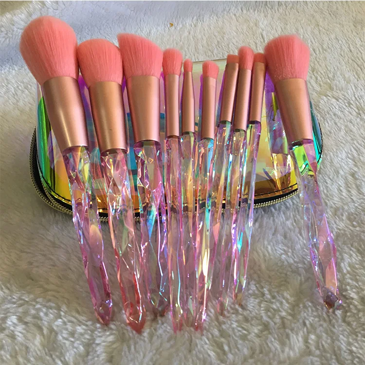 

Hot Selling Transparent Crystal Handle Makeup Brush Set Transparent Diamond Makeup Brush Set can with holographic bag