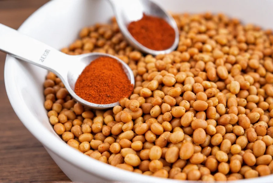 Close-up of sorted dried pinto beans in a white bowl with measuring spoons showing chili spices