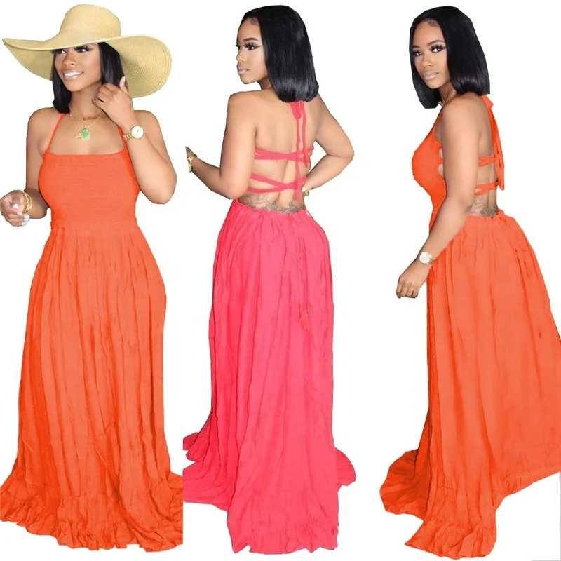 

Loose Fit Long Dresses Full Backless Off Shoulder Halter Dress, Orange/red