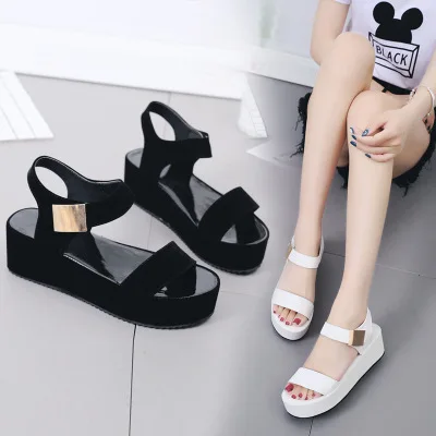 

HLS009 summer light shoe high end mid heel shoes casual womens platform sandals, White pu, black suede