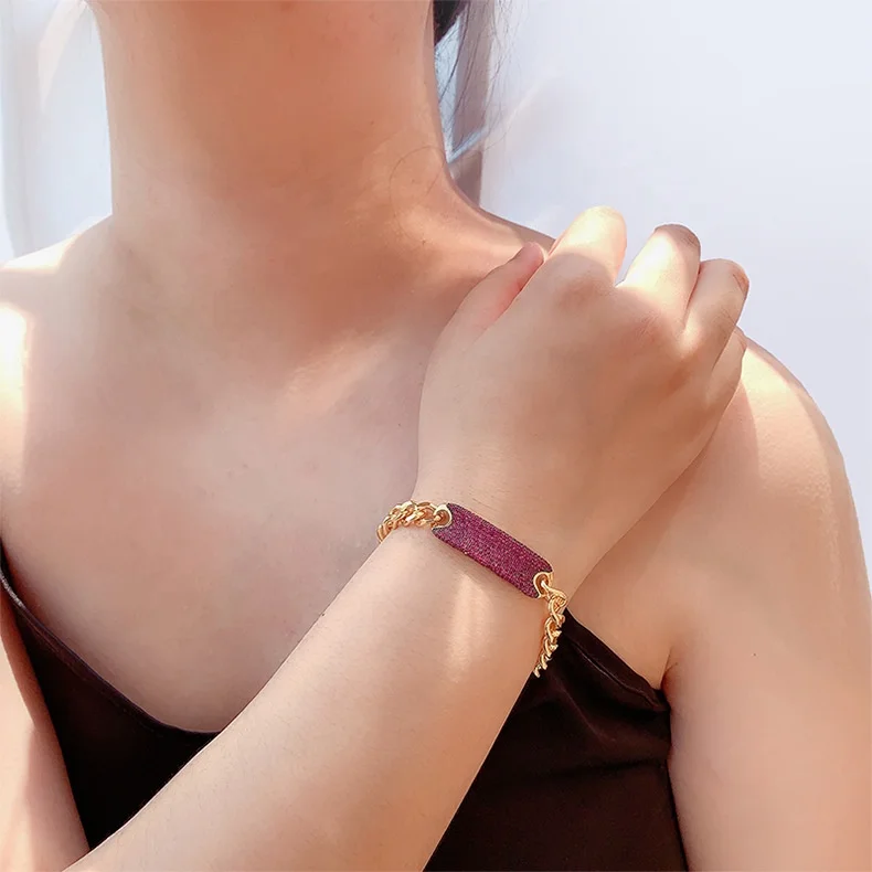 

2021 New Lastest Hip Hop Cubic Zirconia Paved Miami Cuban Link Chain Bling Women Bar Cuban Purple Blue Diamond Bracelet Women