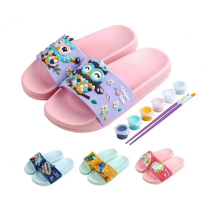 

Factory Price Kids Painting Indoor Waterproof Bedroom Cute Summer Girls Flat Footwears PVC Children Sliders Slippers, Green/blue/pink/purple