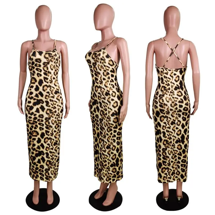 

Fashion Slip Leopard Dress Boutique Sexy Clubwear Casual Sleeveless Backless Summer Bodycon Women Long Dresses