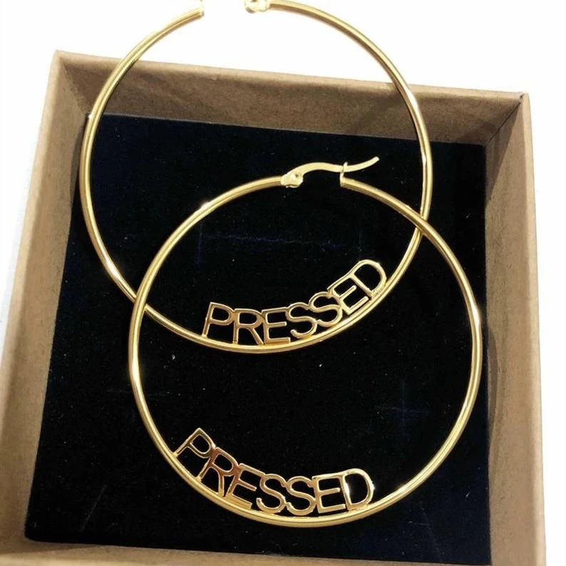 

Fashion Trend 2021 Women Round Earrings Stainless Steel 18k Gold Big Hoop custom name Letter Earrings Jewelry, Gold, silver, rose gold