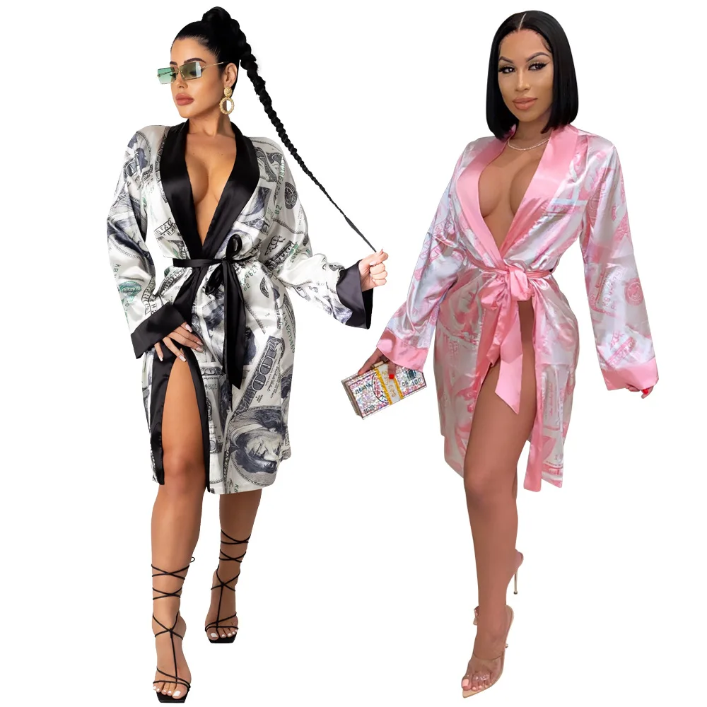 

clothes women dress new arrival one piece sleepwear sexy silk satin money print bath robe night gowns for ladies women pajamas