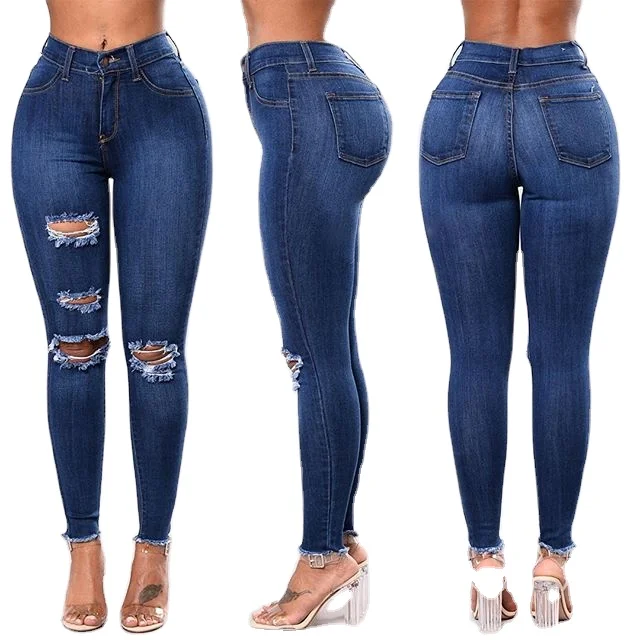 

2021New Explosive European And American Elastic Hole Slim Leggings Women's Jeans, Blue