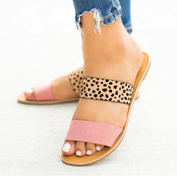 

Women's 2019 New Leopard-print Fishmouth Flat-soled One-word Slippers Soft-soled Multicolored Fashion Slippers