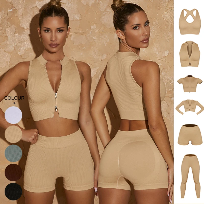 

6 Piece Women Sportswear Active Fitness Suit Zipper Workout Sport Wear Gym Clothing Short Long Sleeve Crop Top Seamless Yoga Set