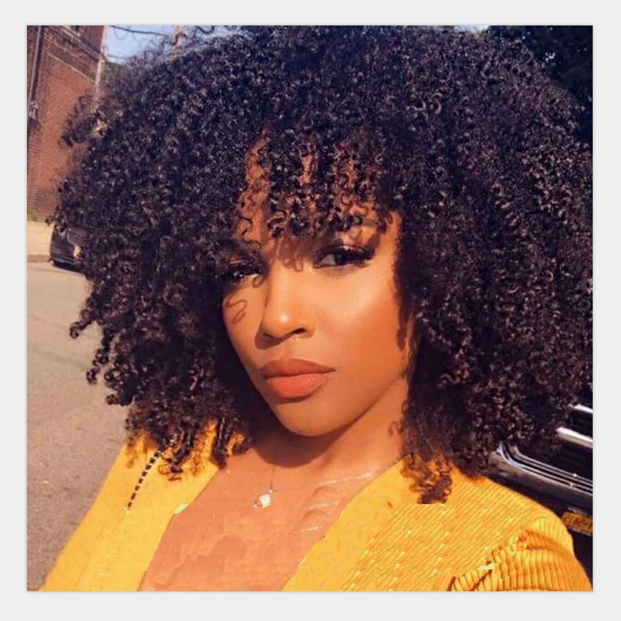 

Afro Kinky Curly Bob Wig Brazilian Human Hair Wigs for Women with Bangs Full Machine Made Scalp Base 180% Top Wig