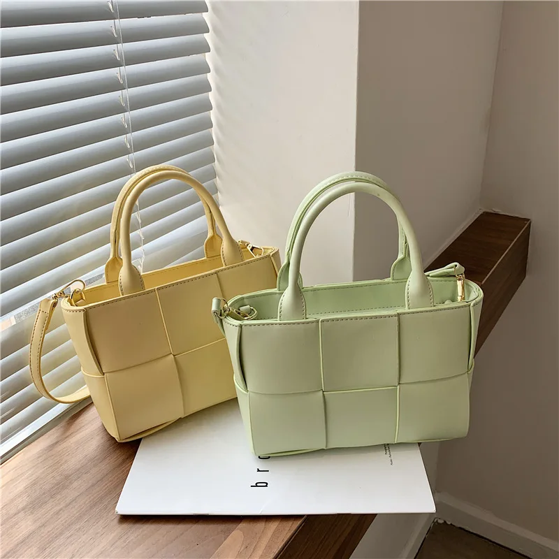 

2021 New PU material elegant woven bucket shoulder bag wholesale girls shopping purse and phone handbags, 5 colors