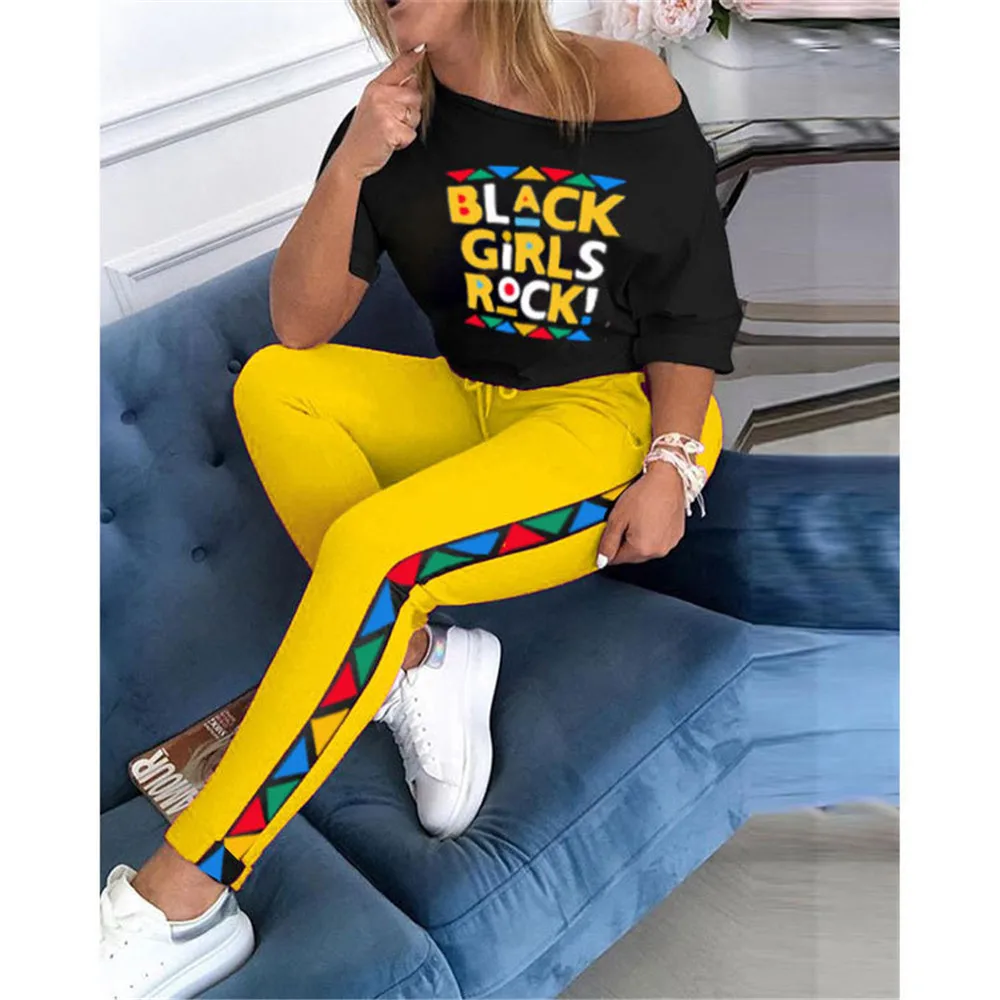 

GO12034 Autumn Half Sleeve Letter Printed Solid Color Women Two Piece Set Long Pants Side Printed Bodycon Casual Women Outfits, 3 colors