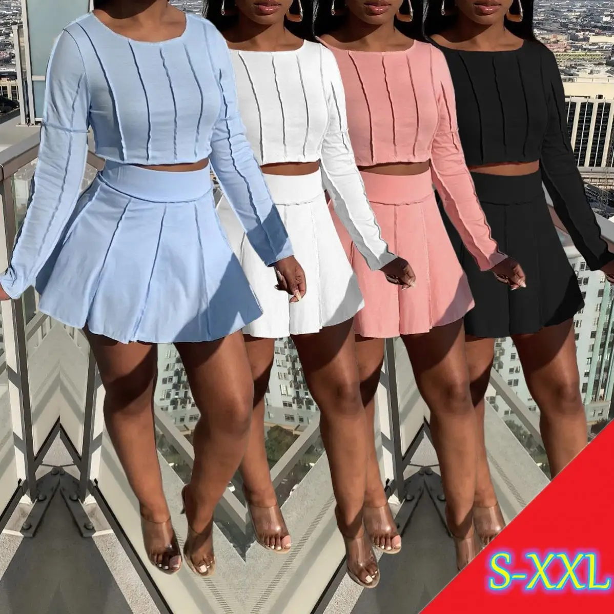 

MISS Q S9628 New arrival 2021 solid color long sleeves casual women two piece sexy dresses