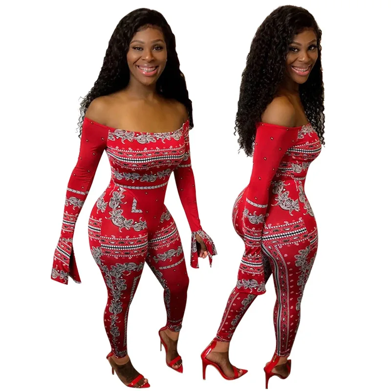 2020 New Arrivals Fashion Women Slash Neck Off Shoulder Flared Sleeve Slim Pants 2 Pieces Set Outfits Floral Printed Jumpsuit