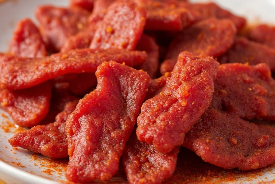 Close-up of Jack Link's chili-flavored beef jerky pieces showing the reddish seasoning coating on lean beef strips