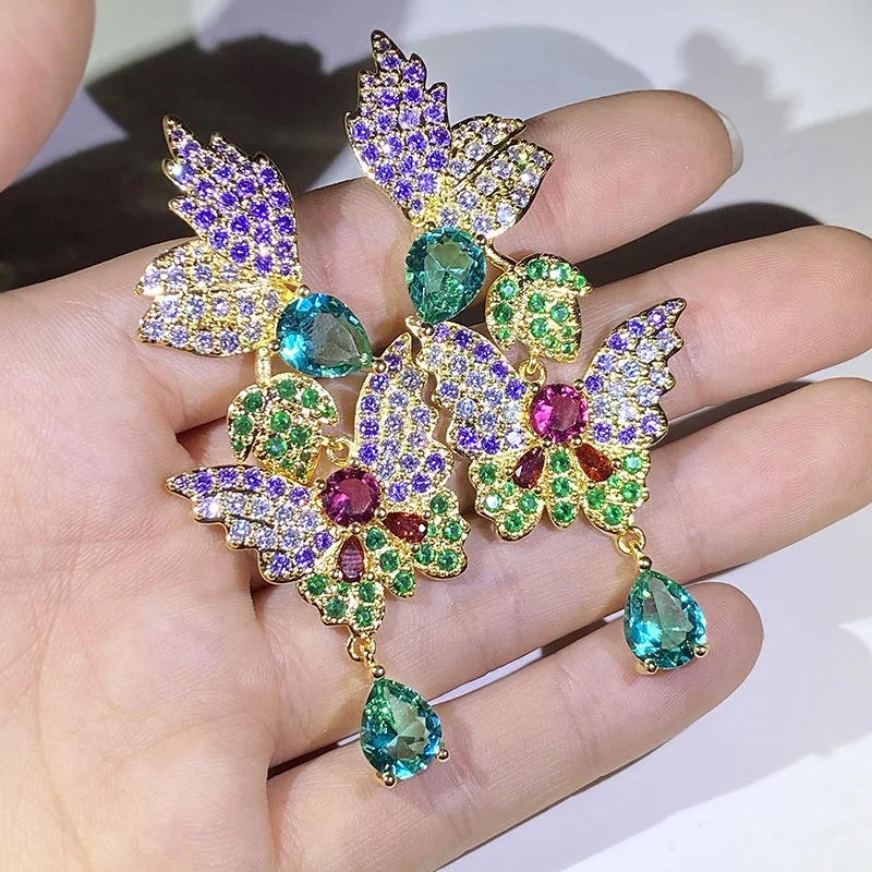 

Exquisite Colorful Zircon Butterfly Dangle Earrings for Women Statement Wedding Female Crystal Animal Earrings bridal Jewelry, Customized color