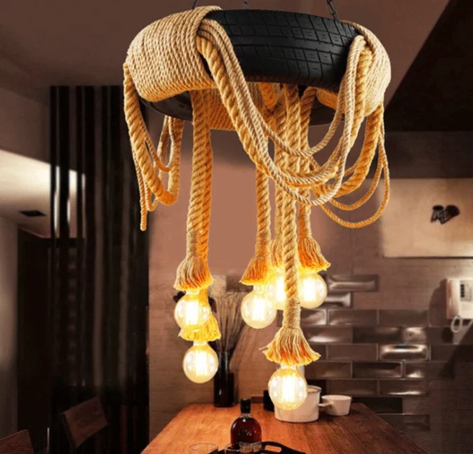 Vintage Hemp Rope Lamps Industrial Modern Loft tyre Shape hanging Chandeliers Pendant Lighting Edison Bulb