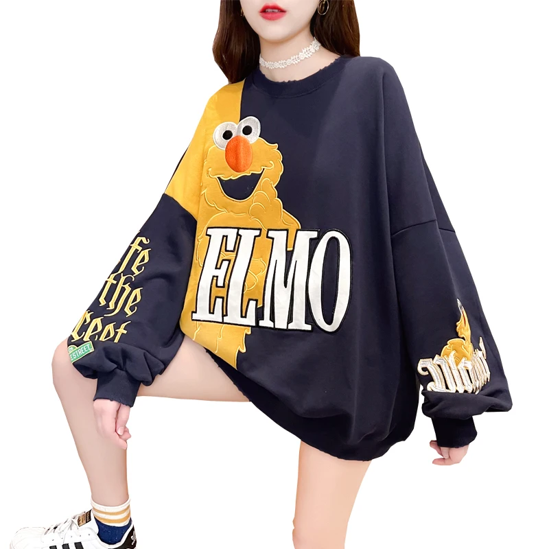 

Wholesale 2021 autumn and winter Korean embroidery sweater women's loose plus size pure cotton cartoon Sesame Street hoodie top