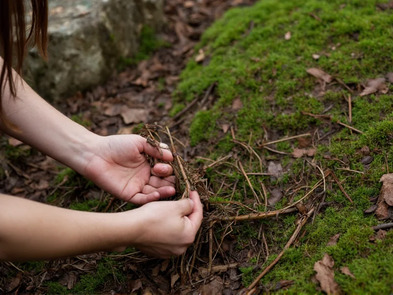Hands weaving with fallen twigs on mossy forest floor