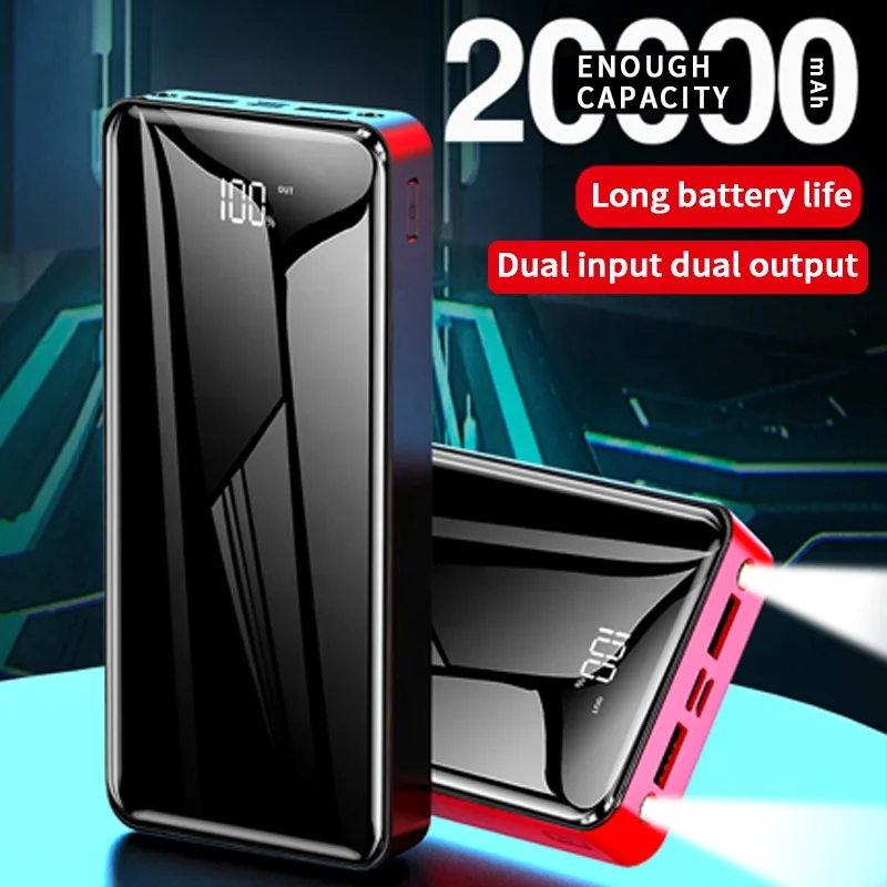 

Portable battery life long lasting thin light mirror surface 20000 mAh power bank with power cable and emergency light