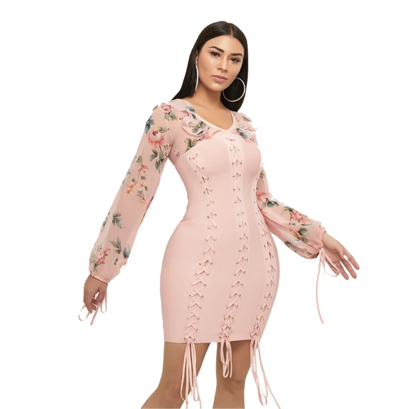 2019 Fashion Casual bandage Dresses womens clothes Elegant Patchwork Printed Long Sleeve Dresses vestidos Wholesale China