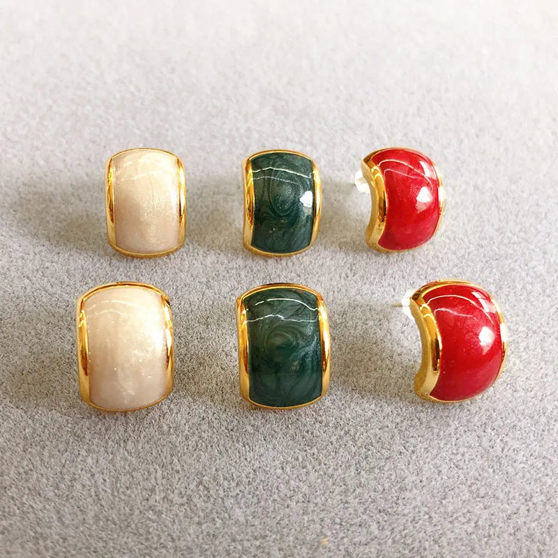 

2021 Summer Retro Accessory Geometric C Shape Oil Drip Earrings Vintage Gold Plated Enamel Glaze Stud Earrings Jewelry Women