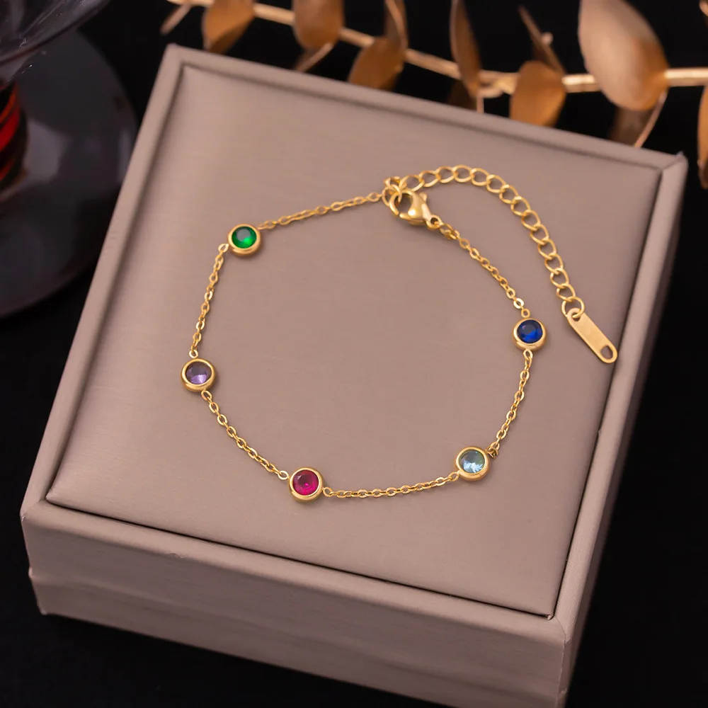 

Ins Dainty 18K Gold Plated Colored Rhinestone Zircon Bracelet Stainless Steel Colorful Crystal Zircon Bracelets For Women