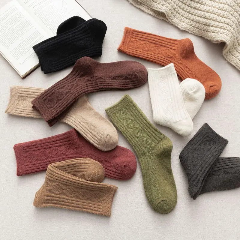 

double needle winter thick warm cashmere wool socks women diamond solid color cozy socks for winter, 9 colors as photo