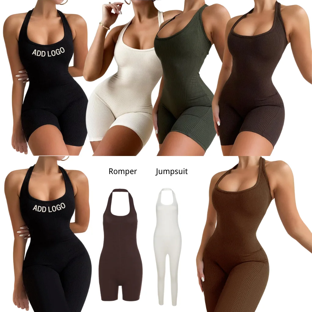 

Quality High Waist Skinny Ribbed Brown Sport Jumpsuit Breathable Sleeveless Rompers One Piece Jumpsuit, Customized color