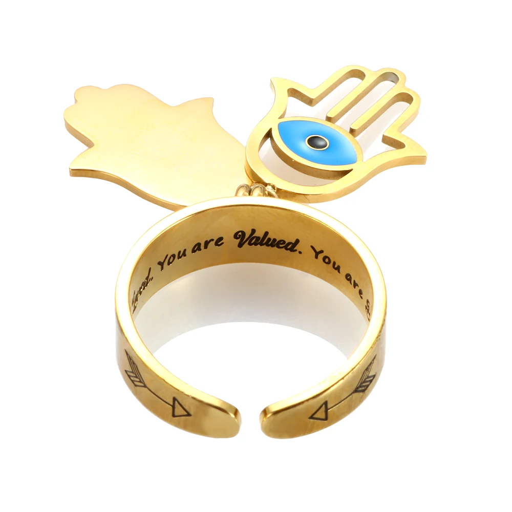

Customized Engraving Inspiration Jewelry Bangle and Ring 18K Gold Plated Stainless Steel Open Cuff Evil Blue Eye Hamsa Hand Ring
