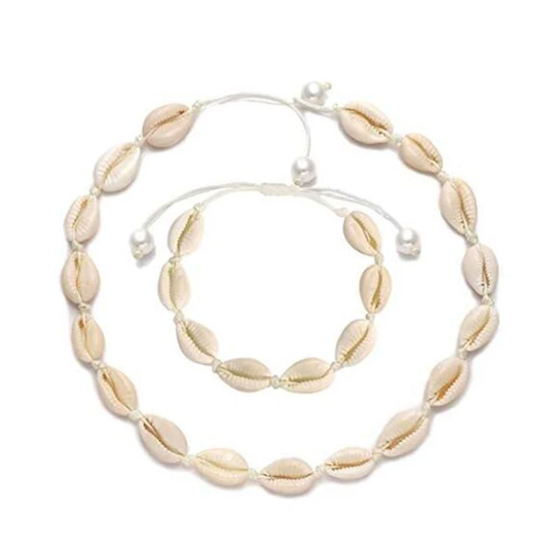 Hawaii Beach Natural Pearl Sea Shell Choker Bracelet And Necklace set