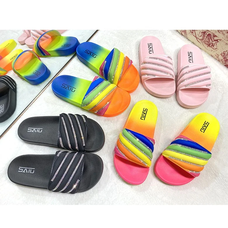 

Tie Dye Shiny Diamonds PVC Slippers Slides Newest Soft Colorful Summer Colorful Shoes Lady Indoor Outdoor Sandals For Women, Pink, black, multi orange, multi peach