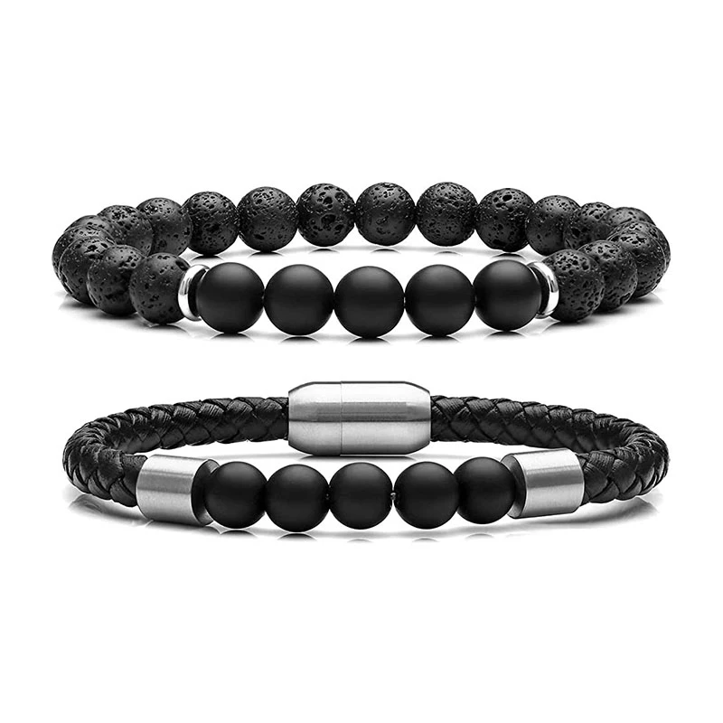 

2 Pcs/ Set High Quality Tiger Eye Beads Natural Stone Bracelet Stainless Steel Magnet Clasp Genuine Leather Bracelet Men, As picture