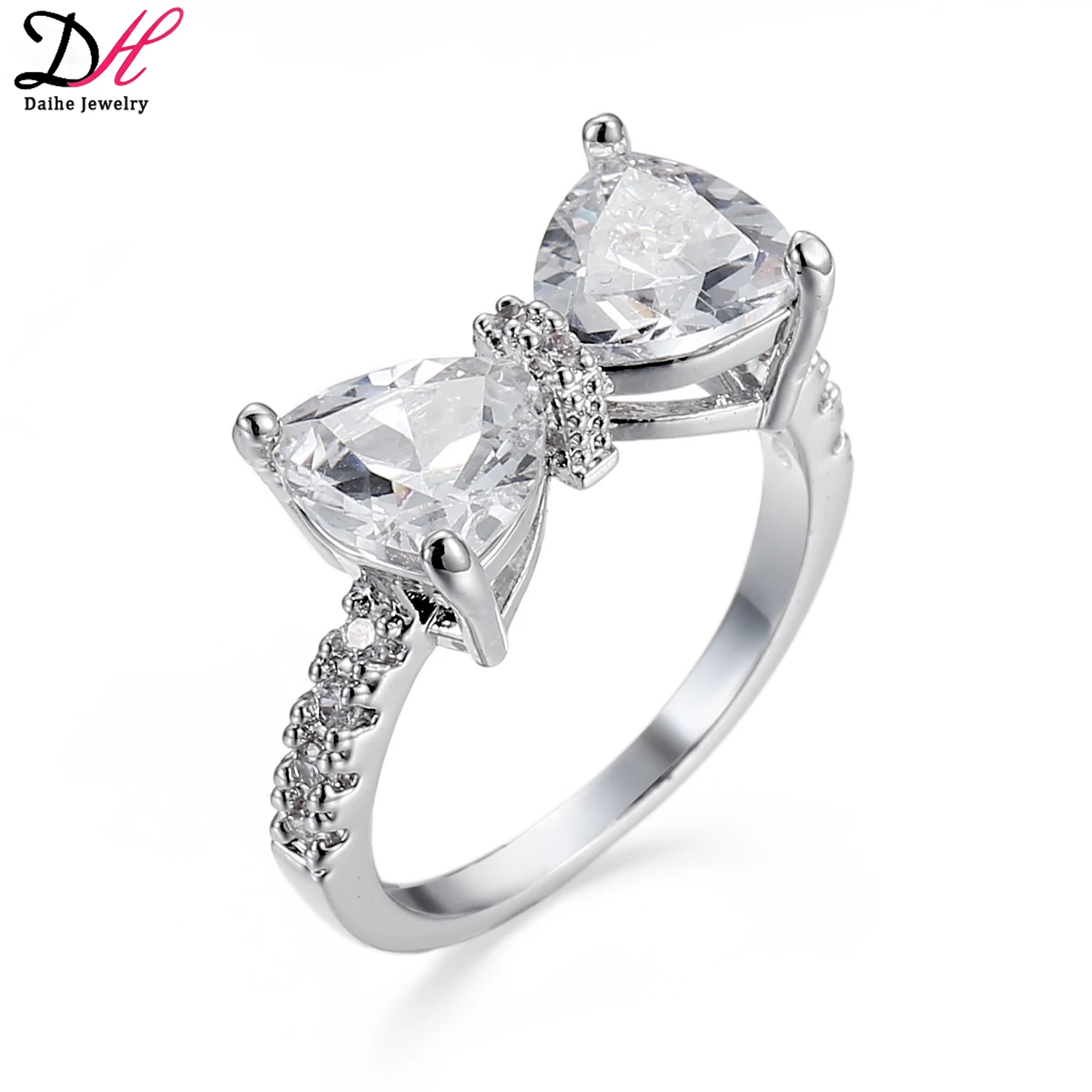 

Korean style exquisite white zircon ring for women sweet bow knot bling bling ring wholesale romantic engagement ring