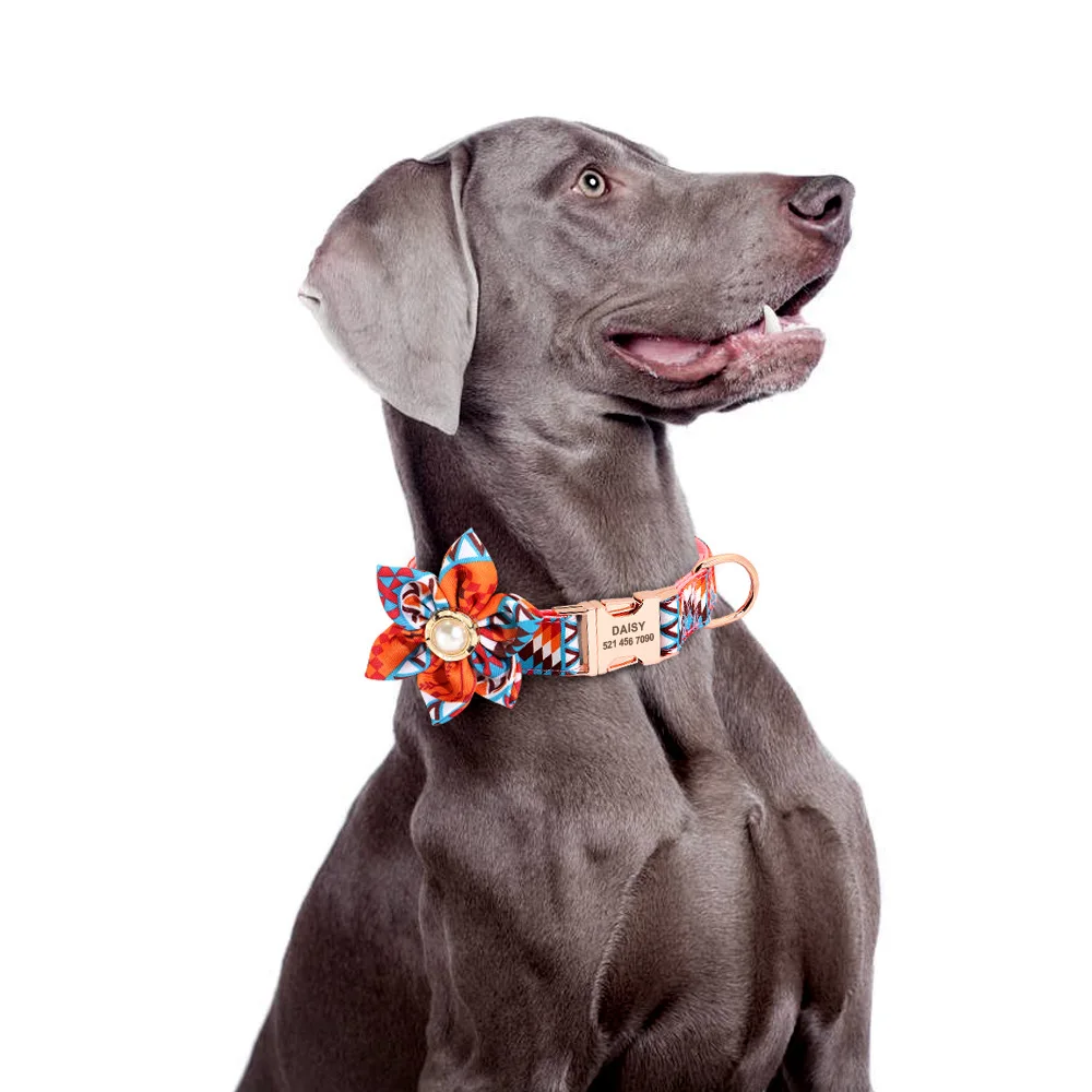

luxury pet collars dropshipping source of ethnic wind flower collar metal buckle lettering dog flower collar, Blue/purple/orange