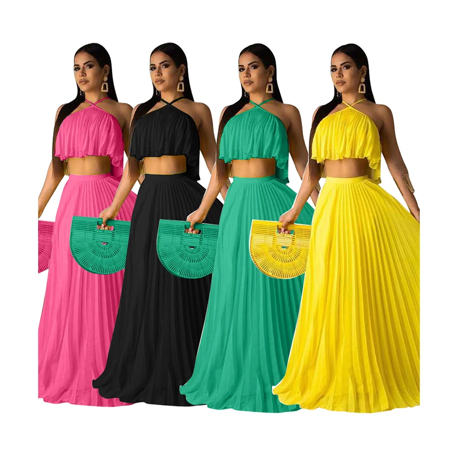 

Foma D8284 summer 2021 popular pleated two-layer fabric dresses bra and high waisted long maxi skirt 2 two piece set, 4 colors