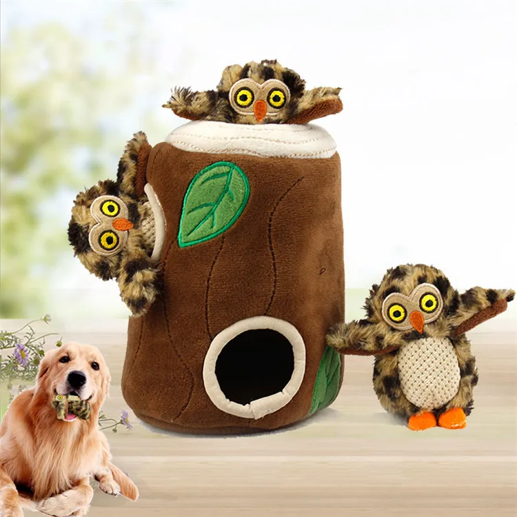 

New Creative Pet products Hide and Seek Activity Tree Hole 3 Owls Squeaky Plush Dog Toys, Brown